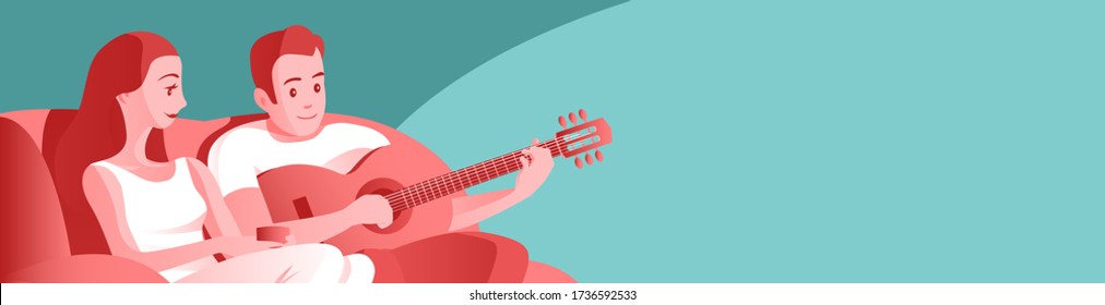 Young married couple are sitting on the couch. A man plays music on a guitar, a girl listens with pleasure. Vector illustration banner with place for text.