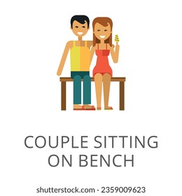 Young married couple sitting on park bench isolated on white. Colored flat vector icon of boy and girl taking break outdoors. Human relationship concept