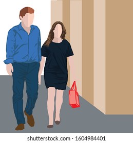 Young married couple taking a walk on a shopping trip. Hand-drawn vector illustration in a flat style.
