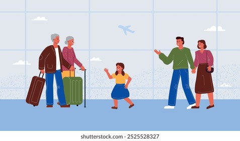 A young married couple with their daughter meet the elderly grandparent at the airport. The reunion of generations of relatives after the trip.