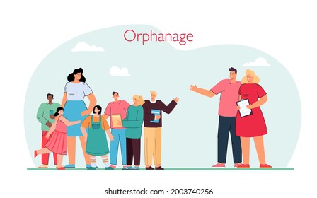 Young married couple visiting orphanage. Husband and wife looking at group of children flat vector illustration. Family, parenting, adoption concept for banner, website design or landing web page