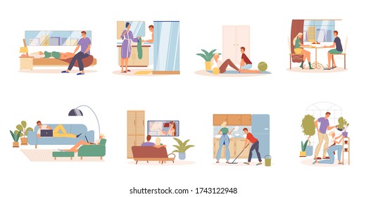 Young Married Freelancer Family Couple Daily Routine Everyday Schedule Care Activities Scene Set. Husband Wife Character Awake In Morning, Take Shower, Eat, Do Sport, Work On Laptop In Garden Together