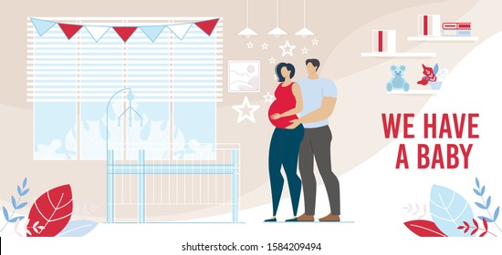 Young Married Man Woman Couple Waiting Baby Birth. Loving Husband Embracing Pregnant Wife Stand near Bed for Infant in Room. Happy Parenting. Childbirth Preparation. Vector Flat Cartoon illustration