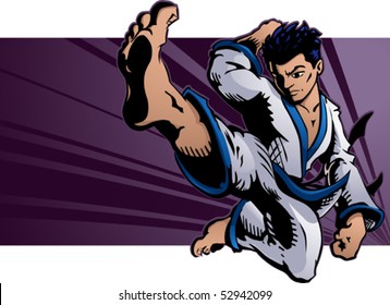 Young martial artist performing a flying karate kick.