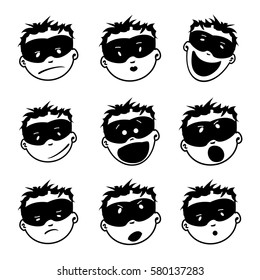 Young masked superhero face expression, set of cartoon vector black and white illustrations isolated on white background. Handsome boy emoji face icons, human expressions, set of male avatars.