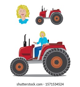 A young or mature white blond woman drives a red farm tractor without a roof. Vector stock retro concept of a farmer girl. Vintage female feminist works in the field isolated on white background