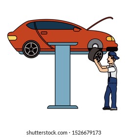 young mechanic changing tire character vector illustration design