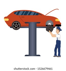 young mechanic changing tire character vector illustration design