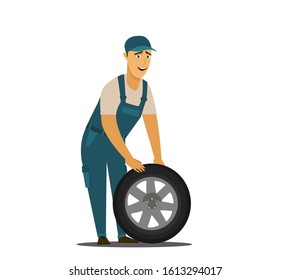 Young mechanic changing wheel at tire service.Vector illustration in cartoon style.