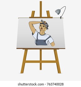 Young mechanic girl with a wrench. Hand drawn vector stock illustration