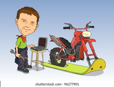 Young mechanic with his own hands constructed on snowmobiles