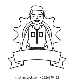 young mechanic worker with gear and ribbon vector illustration design