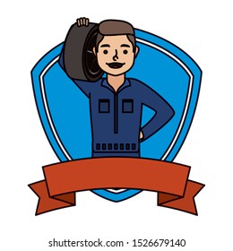 young mechanic worker lifting wheel in shield vector illustration design