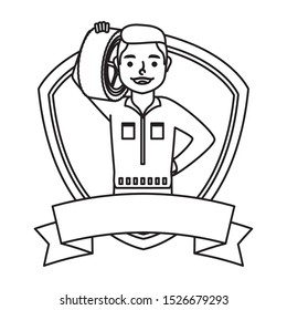 young mechanic worker lifting wheel in shield vector illustration design