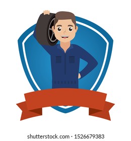 young mechanic worker lifting wheel in shield vector illustration design