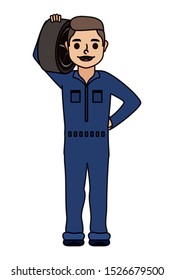 young mechanic worker lifting wheel vector illustration design