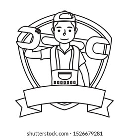 young mechanic worker lifting wrench in shield vector illustration design