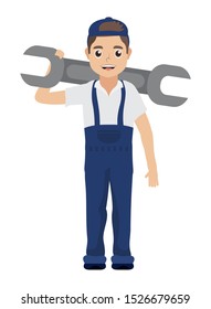 young mechanic worker lifting wrench vector illustration design