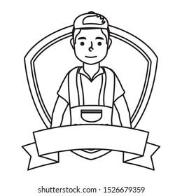 young mechanic worker in shield frame vector illustration design