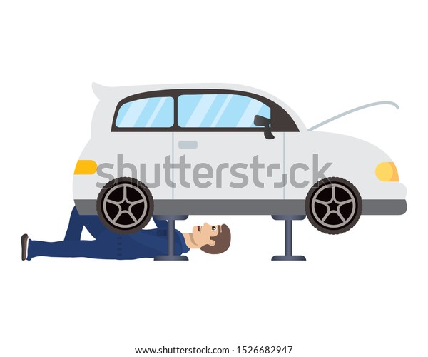 young mechanic working in car character vector\
illustration design