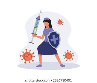 Young medic holding shield with cross and syringe, protecting from viruses. Protection from pandemic outbreak. Concept of antiviral vaccination. Boosting immune system health. Vector flat illustration