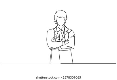 Young medical doctor man filling out prescription continuous one line drawing, One continuous line drawing of senior doctor giving mentoring to the young male Hospital health care concept.
