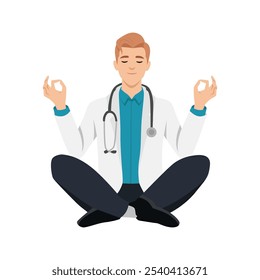 Young medical doctor meditating in lotus pose. Flat vector illustration isolated on white background