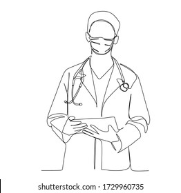 A young medical doctor in protective surgical mask carrying a note. Continuous single line drawing vector illustration