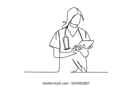 Young medical doctor woman filling out prescription. Continuous one line drawing