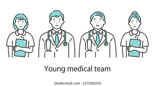 Young medical team. Male doctors and female nurses.