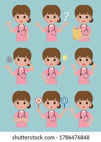 Young medical worker, female nurse, surgical staff, medical, medical staff, isolated on background, flat cartoon comic vector illustration, emoji, action, set
