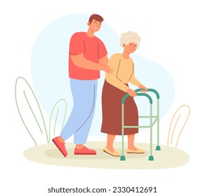 Young medical worker helping to elderly human, provide medical support. Man helping old lady to walk with walker. Care of elderly people concept. Vector flat illustration in warm colors