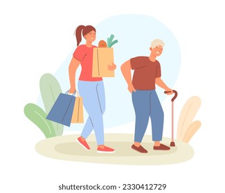 Young medical worker helping to elderly human. Lady helping to carry groceries and purchases to old man. Care of elderly people concept. Vector flat illustration in warm colors