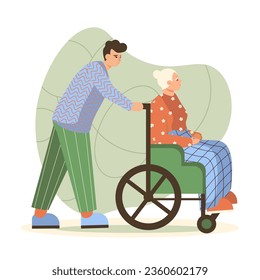 Young medical worker helping to elderly woman on wheelchair. Care of elderly people concept. Rehabilitation process for senior woman. Flat vector illustration in green colors