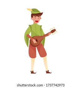 Young Medieval Bard or Minstrel Playing Musical Instrument Vector Illustration