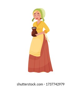 Young Medieval Female Peasant Carrying Jar of Milk Vector Illustration