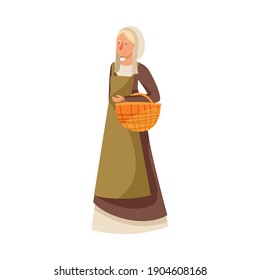 Young Medieval Female Peasant Carrying Wicker Basket Vector Illustration