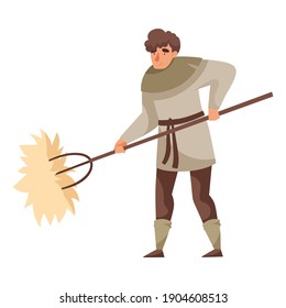 Young Medieval Male Peasant Carrying Hay with Rake Vector Illustration