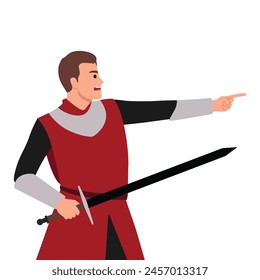 Joven guerrero medieval o caballero con la cara herida sucia sosteniendo una gran espada. Ilustración vectorial plana aislada sobre fondo blanco