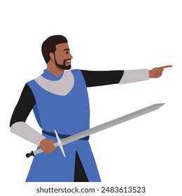 Joven guerrero medieval o caballero con una gran espada. Ilustración vectorial plana aislada sobre fondo blanco