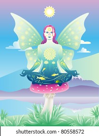 Young meditating fairy sitting on a mushroom vector illustration