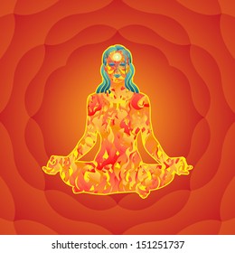 Young meditating fire woman sitting in lotus posture on a red lotus flower background vector illustration