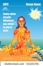 Young meditating woman made of fire sitting in meditation posture on a beach vector yoga flyer template