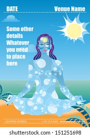 Young meditating woman made of water sitting in on a beach vector yoga flyer template