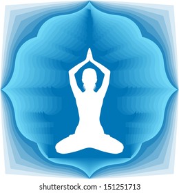 Young meditating woman silhouette sitting in praying posture on a blue lotus flower background vector illustration