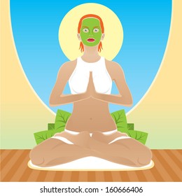 Young meditating woman in spa salon vector illustration