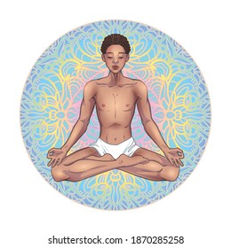 Young meditating yogi man in lotus pose on mandala background. Beautiful black African American boy. Vector illustration