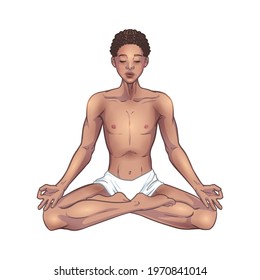 Young meditating yogi man in lotus pose isolated on white. Beautiful black African American boy. Vector illustration