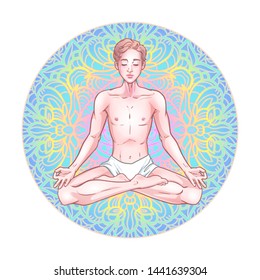 Young meditating yogi man in lotuse pose on mandala background. Vector illustration