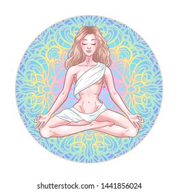 Young meditating yogi woman in lotus pose on mandala background. Vector illustration